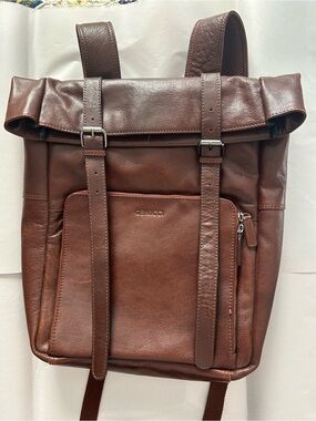 Genicci Brown Leather Roll-Top Backpack Unisex